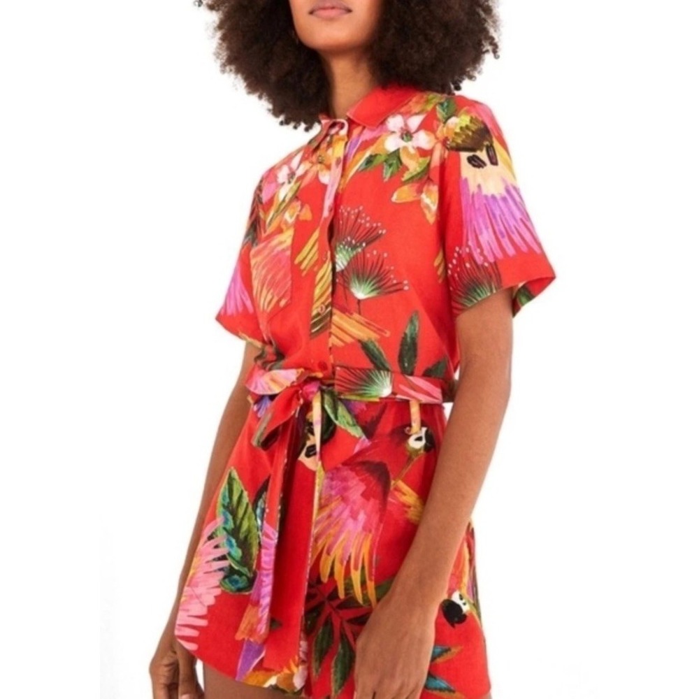 FARM Rio Red Macaw Tropical Floral Print Romper Size S Button Down Jumpsuit